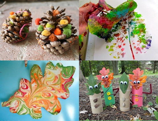 Børns håndværk lavet af naturmateriale på temaet efterår