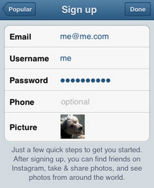 Instruktioner til registrering i Instagram